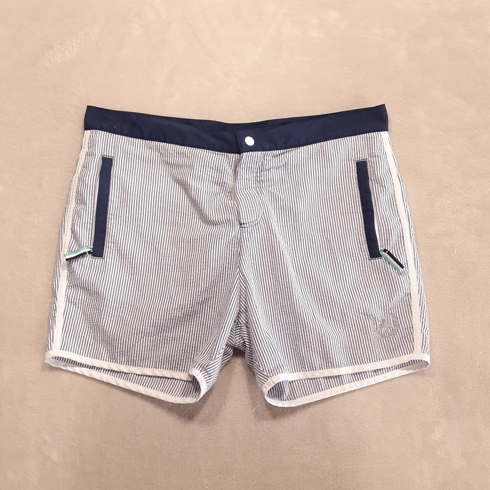 Andrew Christian Mens Blue Seersucker Striped Swim Shorts Size 34 Style# 7299